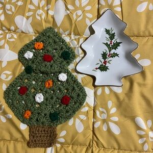 Lenox Christmas candy dish & Crochet Ornament tree